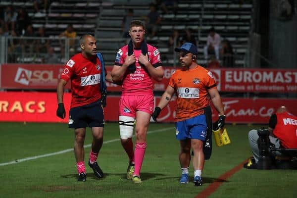 Morgan Gannon was hurt during Rhinos' play-off win at Catalans. Picture by Manuel Blondeau/SWpix.com.