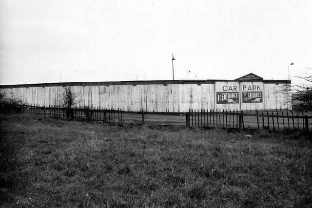 The perimeter fence to Leeds Greyhound Track at Elland Road with notices for car parks and entrances pictured in January 1937. This track opened in 1928 and was demolished in 1982. Now used for industrial purposes.