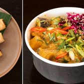 Two dishes on offer at Kanto, the vegetable satay peanut curry, right, and, the Lumpia Shanghai dish, left.