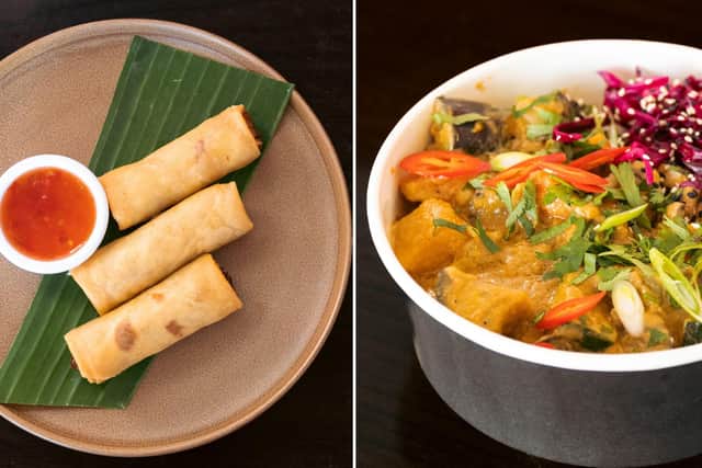 Two dishes on offer at Kanto, the vegetable satay peanut curry, right, and, the Lumpia Shanghai dish, left.