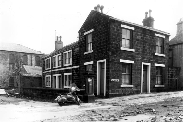 A stone property in The Crescent, a cobbled street off Upper Town Street, pictured in April 1960. Number 6 is the larger, double fronted property on the right and 8 and 10 are round the corner, left of centre. Then there is the apex roof of what was once a bakery at 215 Upper Town Street but is listed in Barrett's Directory for 1959/60 as L.W. Grunwell, dental surgeon. Between Brunswick Methodist Chapel, seen in the background, left and the bakery there is Wesley Terrace.