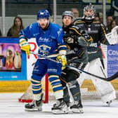 THAT WINNING FEELING: Leeds Knights' Bálint Pákozdi jostles for position with Hull Seahawks' Tommy Spraggon during last Sunday's NIHL National play-off final in Coventry - Leeds winning 5-3. Picture: Miles Tidman.
