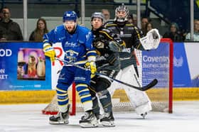 THAT WINNING FEELING: Leeds Knights' Bálint Pákozdi jostles for position with Hull Seahawks' Tommy Spraggon during last Sunday's NIHL National play-off final in Coventry - Leeds winning 5-3. Picture: Miles Tidman.