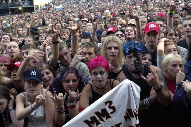 Marilyn Manson fans crowd to see the musician at Leeds Festival on August 24, 2001.