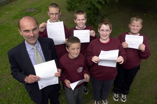 September 2001 and pictured are some of the pupils at Victoria Park School who wrote letters to the people of New York in the aftermath of the 9/11 terrorist attacks. Pictured, from left, are head teacher Peter Miller with Joseph Pearson, Paul Dearden, Robert Wright, Jonathan Chapman and Richard Battensby.