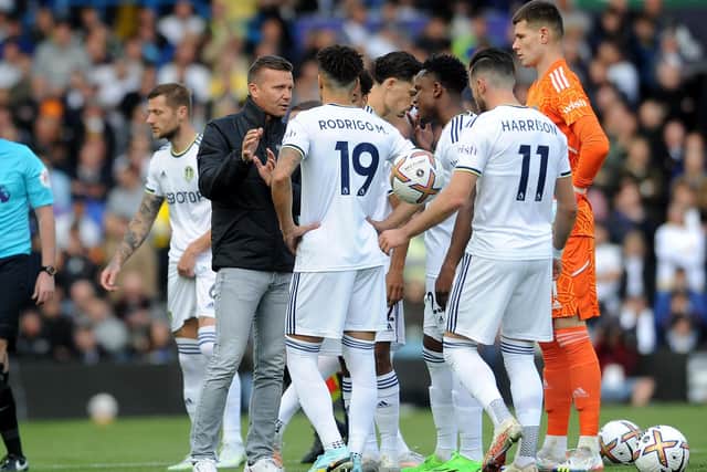 LENGTHY DELAY - Leeds United boss Jesse Marsch issues instructions during the power-cut enforced break in play against Arsenal. Pic: Simon Hulme