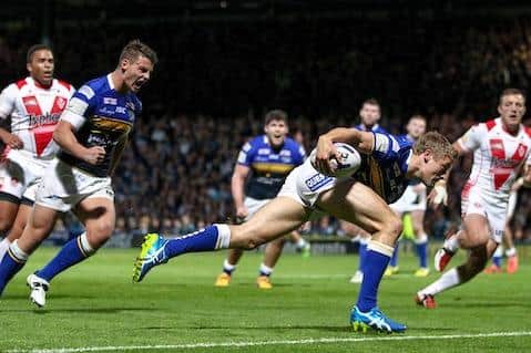 Jimmy Keinhorst scores for Leeds Rhinos against St Helens at Headingley in September, 2015. Picture by Alex Whitehead/SWpix.com.
