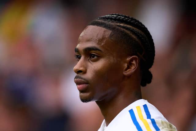 LEEDS, ENGLAND - AUGUST 06: Crysencio Summerville of Leeds United looks on during the Sky Bet Championship match between Leeds United and Cardiff City at Elland Road on August 06, 2023 in Leeds, England. (Photo by Alex Caparros/Getty Images)