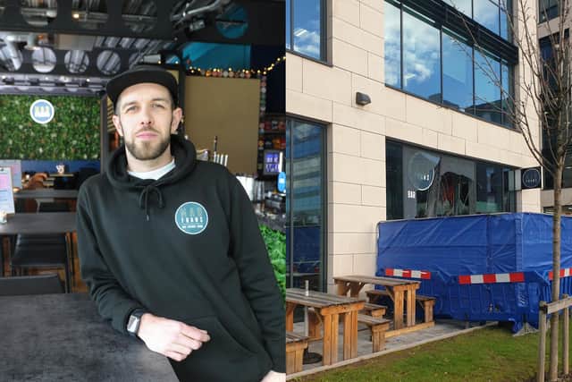 Tom Riley, general manager of Mad Frans in Leeds, which was damaged after a car ploughed into the window in December 2021 (Photo left: Steve Riding)