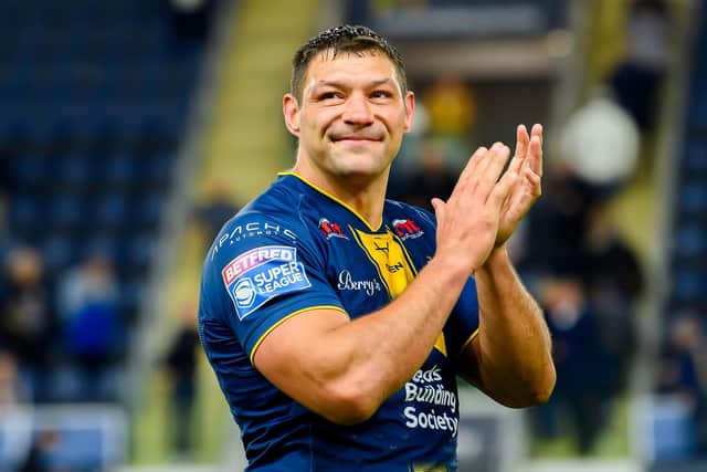 Ryan Hall applauds Leeds Rhinos' fans following last Friday's 46-4 win against Catalans Dragons. Picture by Allan McKenzie/SWpix.com.
