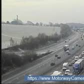 The M1 northbound is closed within junction 47 and this image shows traffic at junction 46. Image: motorwaycameras.co.uk