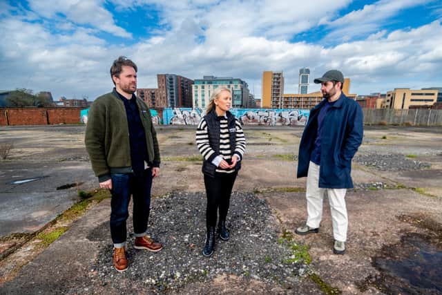 Matt Long (left) and Stu Butterworth, directors of New Citizens, with Moda Living brand manager Eleanor Trigwell at the Canvas Yard site (Photo: James Hardisty)