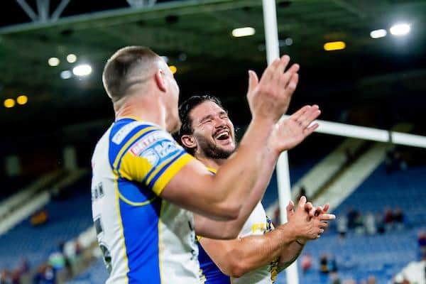 Leeds Rhinos' James Bentley, right, celebrates last week's victory at Huddersfield Giants. Picture by Allan McKenzie/SWpix.com.
