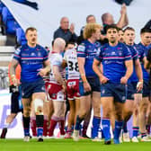 Jack Sinfield, centre of picture, seen after scoring for Wakefield Trinity in last weekend's Super League semi-final win at Wigan Warriors. Picture by Allan McKenzie/SWpix.com.