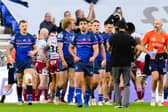 Jack Sinfield, centre of picture, seen after scoring for Wakefield Trinity in last weekend's Super League semi-final win at Wigan Warriors. Picture by Allan McKenzie/SWpix.com.