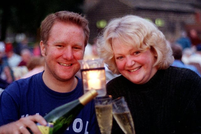Simon Crow from Kirkstall and Tessa Hardy from Adel enjoy a drink at Classical Fantasia in September 1999.