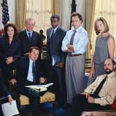 The West Wing cast pictured ahead of season three of the political drama, which has seen a spike in popularity of late. (Pic: Getty)