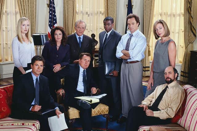 The West Wing cast pictured ahead of season three of the political drama, which has seen a spike in popularity of late. (Pic: Getty)