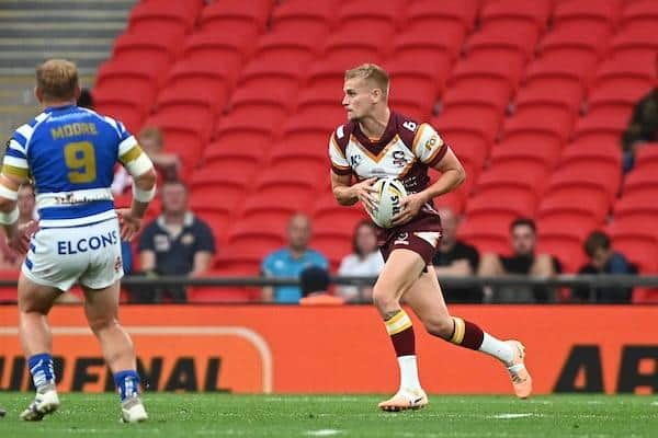Rhinos Luke Hooley featured on dual-registration for Batley in their 1895 Cup final defeat by Halifax. Picture by Matthew Merrick/SWpix.com.
