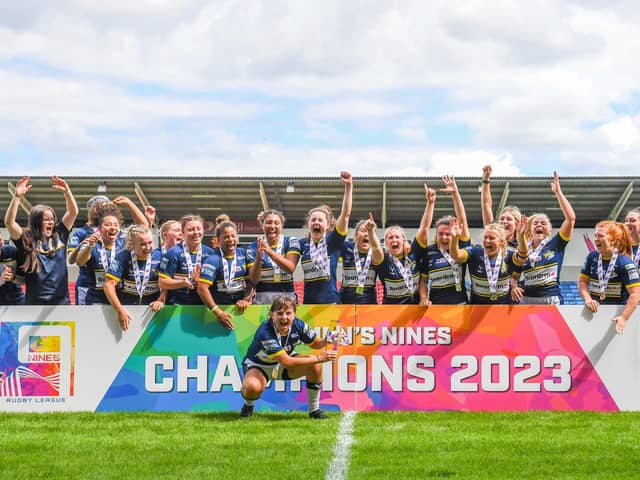 Leeds Rhinos celebrate winning last year's Women's Nines at Salford. Picture by RFL.