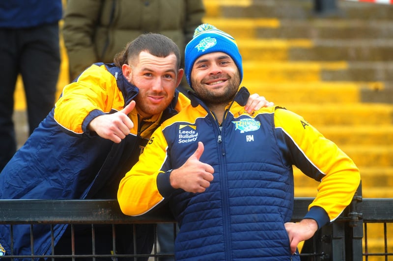 Leeds Rhinos captain Cameron Smith, left and ace goal kicker Rhyse Martin joined the crowd for the pre-season derby at Bradford Bulls.