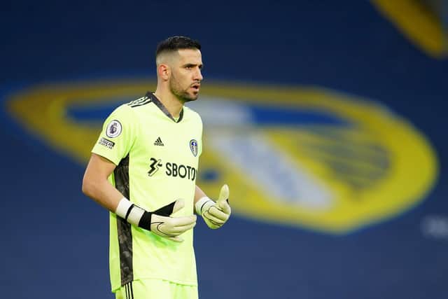 LEEDS, ENGLAND - JANUARY 16: Kiko Casilla of Leeds United looks on during the Premier League match between Leeds United and Brighton & Hove Albion at Elland Road on January 16, 2021 in Leeds, England. Sporting stadiums around England remain under strict restrictions due to the Coronavirus Pandemic as Government social distancing laws prohibit fans inside venues resulting in games being played behind closed doors. (Photo by Jon Super - Pool/Getty Images)