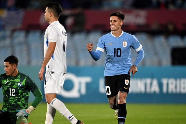 Uruguay's midfielder Brian Rodríguez celebrates after scoring a goal (Photo by EITAN ABRAMOVICH/AFP via Getty Images)