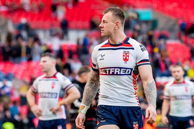 A dejected Wakefield Trinity winger Tom Johnstone following England's loss to Australia at Wembley. Picture by Allan McKenzie/SWpix.com.