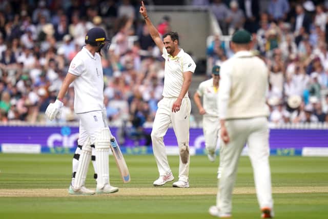 Australia's Mitchell Starc (centre) celebrates taking the wicket of England's Josh Tongue which results in victory for Australia on day five of the second Ashes test match at Lord's, London (Photo: Adam Davy/PA Wire)