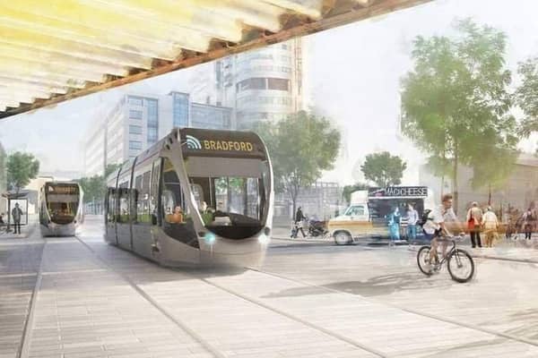 An artists impression of light rail trams trains network public transport system for the West Yorkshire mass transit scheme across the county.