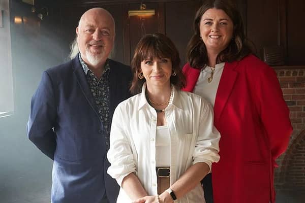 Bring The Drama host Bill Bailey with guest mentor Charlene McKenna (centre) - from Peaky Blinders - and casting director Kelly Valentine Hendry (Picture: BBC/Wall to Wall Productions/Dave King)