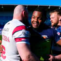 New Leeds Rhinos signing Delaine Gittens, middle of picture, seen in April, 2025 when he played for Barrow Raiders. Picture by Olly Hassell/SWpix.com.
