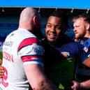 New Leeds Rhinos signing Delaine Gittens, middle of picture, seen in April, 2025 when he played for Barrow Raiders. Picture by Olly Hassell/SWpix.com.