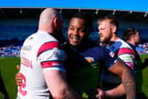 New Leeds Rhinos signing Delaine Gittens, middle of picture, seen in April, 2025 when he played for Barrow Raiders. Picture by Olly Hassell/SWpix.com.