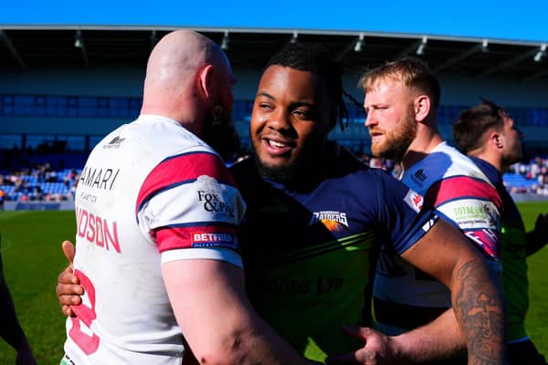 New Leeds Rhinos signing Delaine Gittens, middle of picture, seen in April, 2025 when he played for Barrow Raiders. Picture by Olly Hassell/SWpix.com.