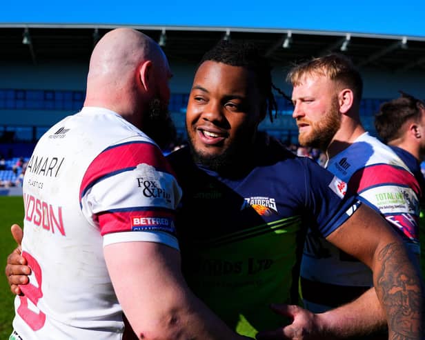 New Leeds Rhinos signing Delaine Gittens, middle of picture, seen in April, 2025 when he played for Barrow Raiders. Picture by Olly Hassell/SWpix.com.