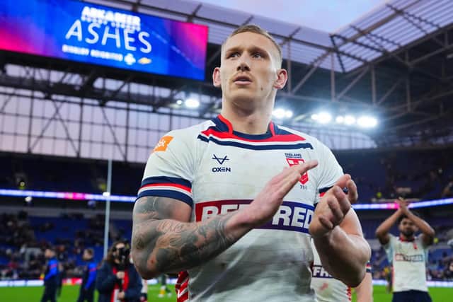 Leeds Rhinos' Mikolaj Oledzki applauds the fans following England's 14-4 loss to Australia at Everton FC's Hill Dickinson Stadium in Liverpool. Picture by Olly Hassell/SWpix.com.