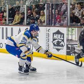DERBY DATE: Hull Seahawks' Finlay Ulrick (right) and Leeds Knights' Zach Sullivan - former team-mates at Manchester Storm - will lock horns once again at Elland Road on Friday night. Picture: Amy Blossom/Seahawks Media.