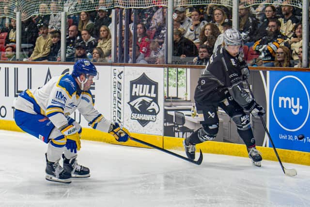 DERBY DATE: Hull Seahawks' Finlay Ulrick (right) and Leeds Knights' Zach Sullivan - former team-mates at Manchester Storm - will lock horns once again at Elland Road on Friday night. Picture: Amy Blossom/Seahawks Media.