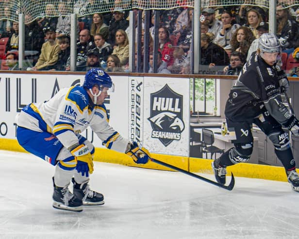 DERBY DATE: Hull Seahawks' Finlay Ulrick (right) and Leeds Knights' Zach Sullivan - former team-mates at Manchester Storm - will lock horns once again at Elland Road on Friday night. Picture: Amy Blossom/Seahawks Media.