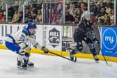 DERBY DATE: Hull Seahawks' Finlay Ulrick (right) and Leeds Knights' Zach Sullivan - former team-mates at Manchester Storm - will lock horns once again at Elland Road on Friday night. Picture: Amy Blossom/Seahawks Media.