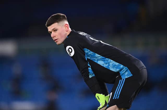Illan Meslier of Leeds United looks on during the Premier League match between Leeds United and Southampton at Elland Road on February 23, 2021.
