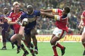Darren Fleary powers forward for Leeds Rhinos during their Challenge Cup final win against London Broncos 27 years ago. Picture by Bruce Rollinson.
