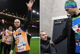 Leeds Rhinos legend Kevin Sinfield, left, pictured after completing his challenge at Old Trafford in Manchester and, right, with pal and former rugby teammate, Rob Burrow. Pictures: Getty Images/PA.