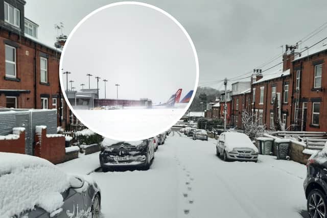 Snow has battered Leeds overnight causing chaos. Pictured, Kirkstall Road on Friday morning and, inset, Leeds Bradford Airport in 2018 after heavy snowfall.