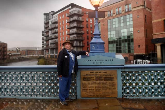 Robin Willow pictured by the  bronze plaque on Leeds bridge which refers to Alderman David Yewdall, who build and lived in Calverley Grange Picture taken by Yorkshire Post Photographer Simon Hulme