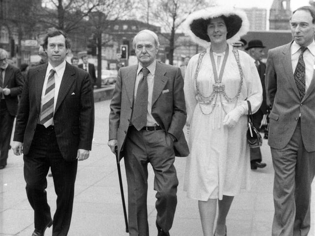 World-renowned sculptor Henry Moore (second from left) walking along Victoria Gardens next to the Lord Mayor of Leeds, Coun Christine Thomas, on the occasion of the ceremony to mark the laying of the foundation stone for the new sculpture gallery extension to the Art Gallery in April 1980. The sculpture gallery, which was opened in 1982, was to be named after Castleford born Moore, who attended Leeds College of Arts, being their first student of sculpture.