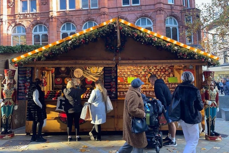 The annual Christmas Market has been to be redesigned this year and has taken over whole city centre with three 'outdoor bar areas'. Pictured is one stall on Lands Lane.