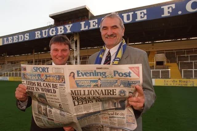 Flashback to 1996 as new owners Gary Hetherington and Paul Caddick read about their takeover of Leeds RL in the Yorkshire Evening Post. Picture by Mark Bickerdike.