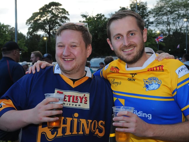 Rhinos fans Adam Clark and Ryan Fox in the South Stand.